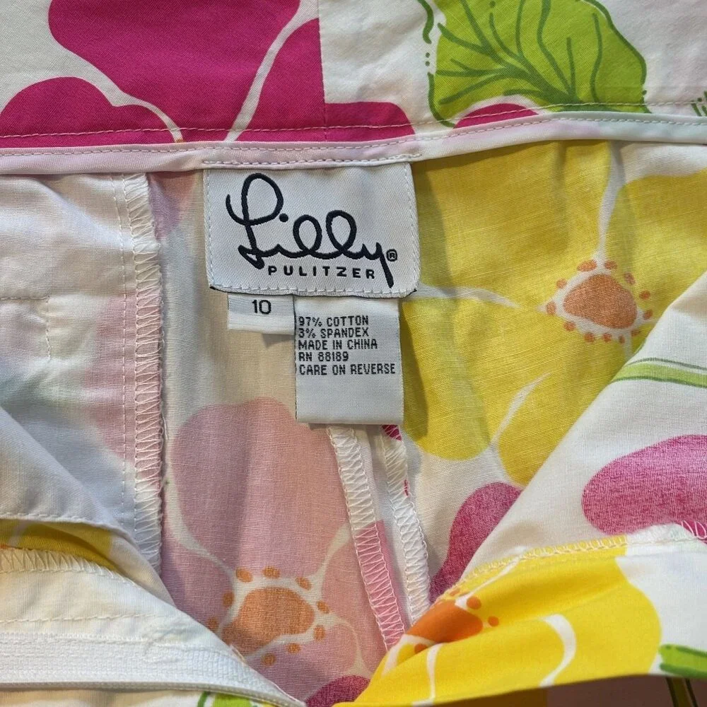 Lilly Pulitzer Floral Print Stretch Pants Size 10 Pink Yellow Cotton Blend - Picture 5 of 14